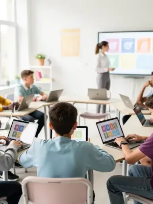 Students learning with technology in a modern classroom, symbolizing equitable access.