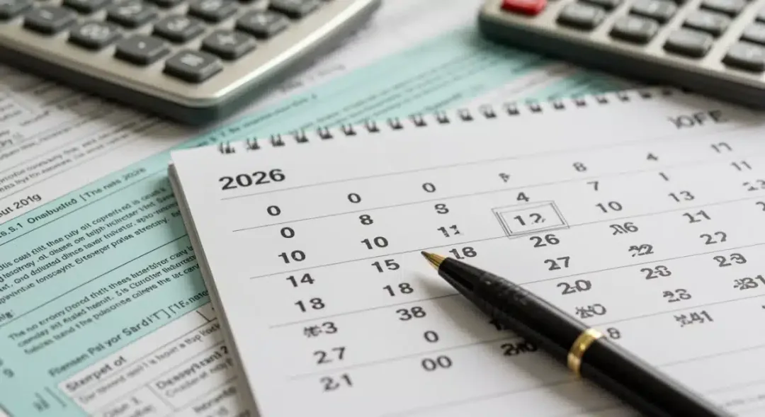 Calendar highlighting 2026 with tax documents, symbolizing upcoming tax deadlines and planning.