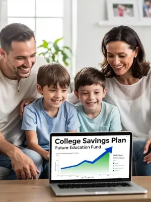 Family reviewing college savings plan on laptop, symbolizing financial planning for education.