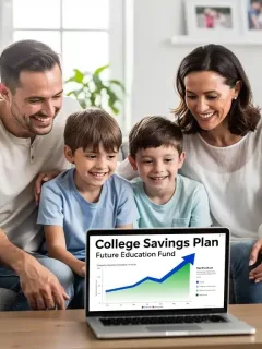 Family reviewing college savings plan on laptop, symbolizing financial planning for education.