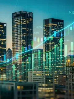 Modern city skyline with financial graphs symbolizing REITs 2026 trends and investment growth.