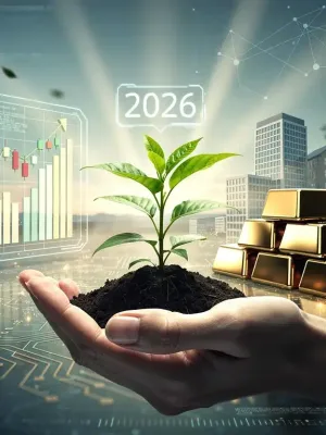 Investor hand nurturing a seedling surrounded by diversified financial assets for smart investments 2026