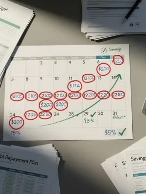 Strategic debt reduction calendar with financial savings highlighted.