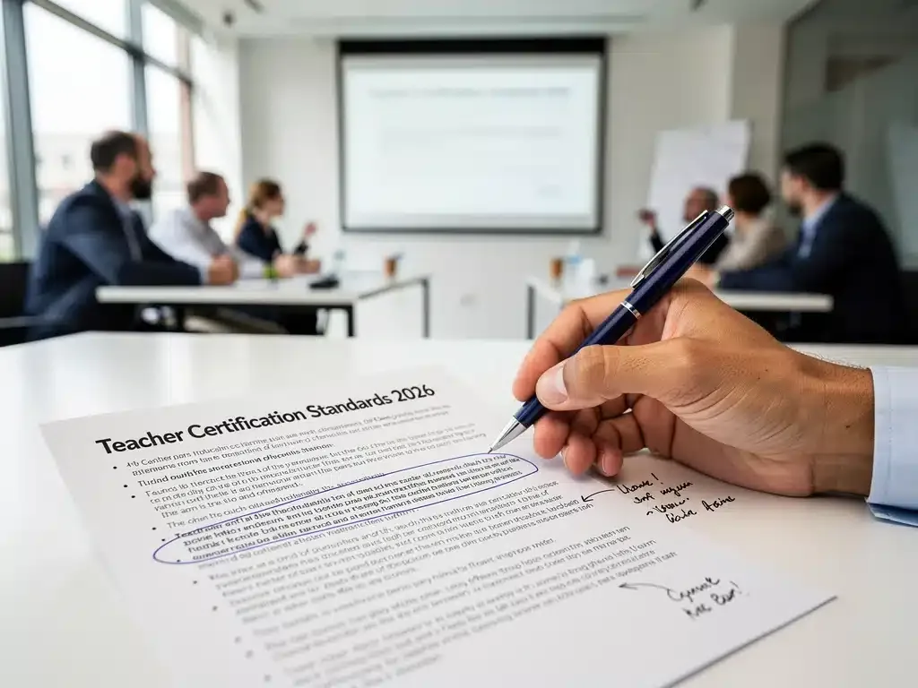 Educator reviewing detailed 2026 teacher certification standards document