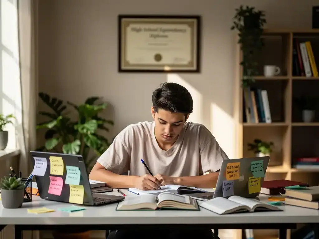 Student focused on studies for high school diploma equivalency