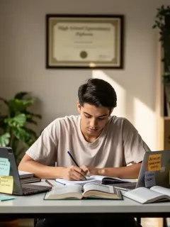 Student focused on studies for high school diploma equivalency