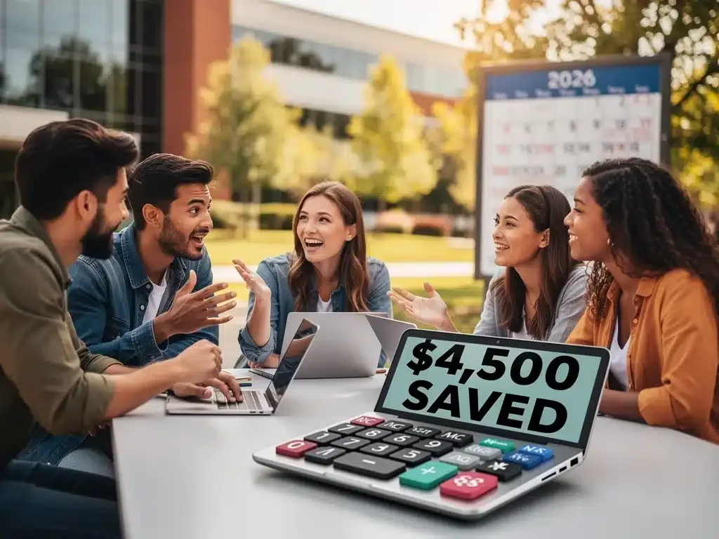 Students discussing college savings on a community college campus with financial projections for 2026.