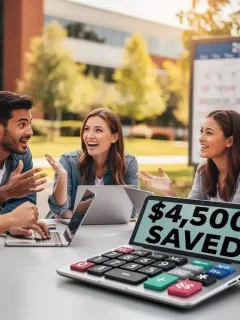 Students discussing college savings on a community college campus with financial projections for 2026.
