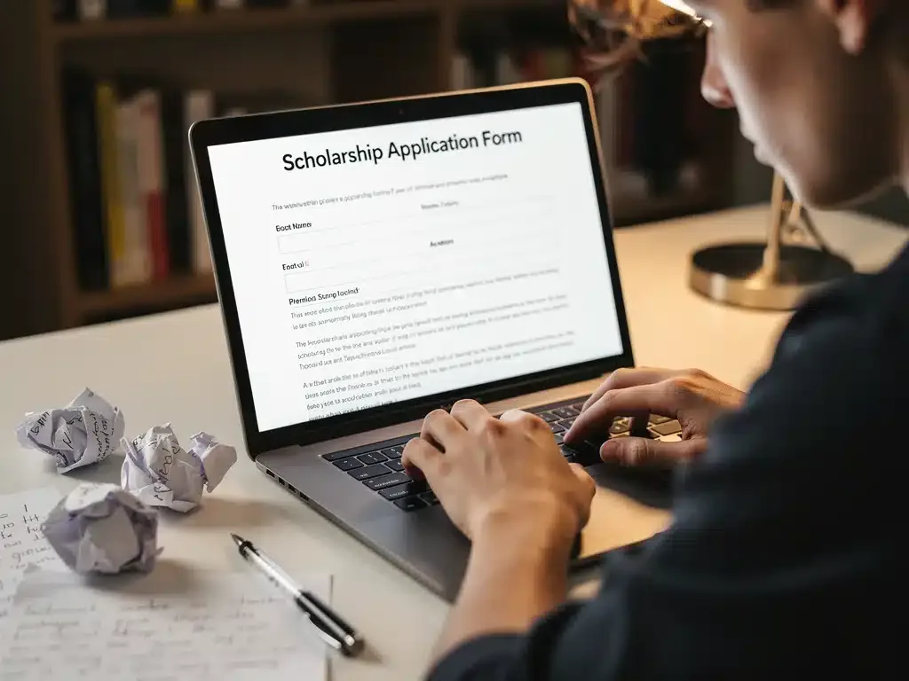 Student meticulously preparing scholarship application online