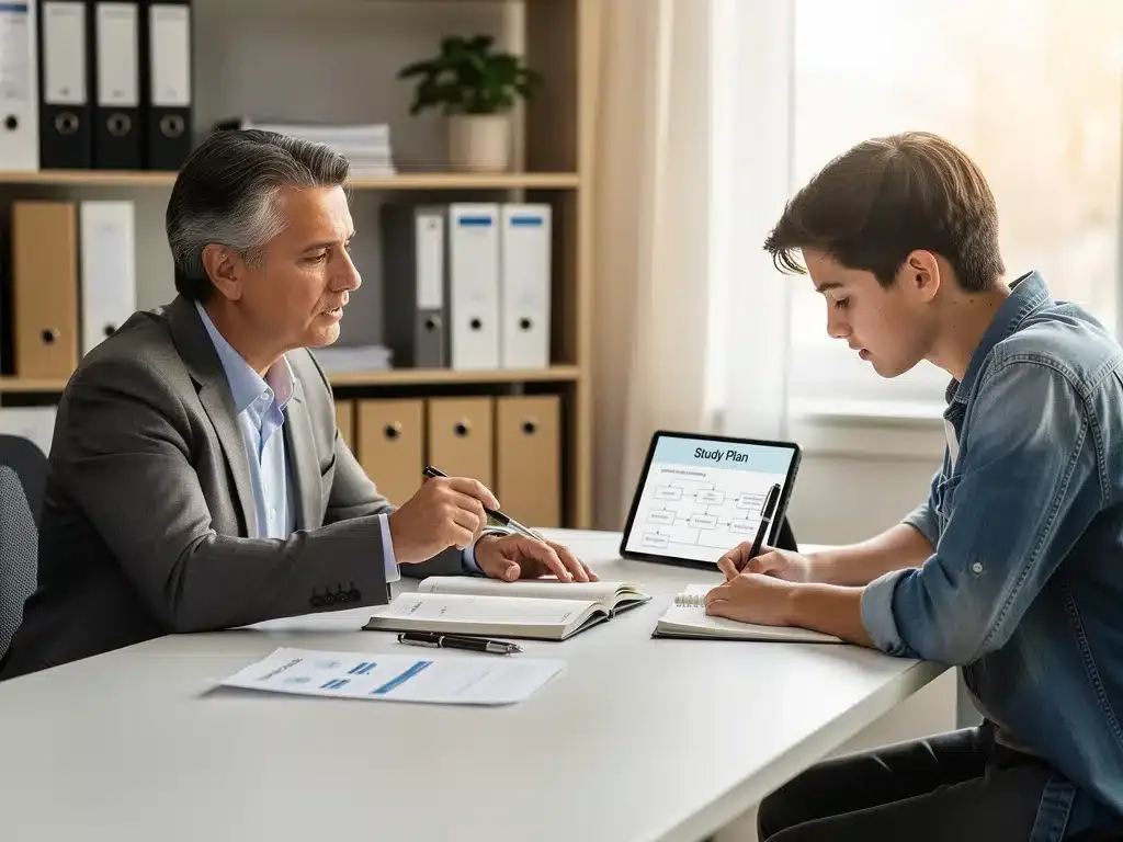 Academic advisor guiding student through scholarship opportunities