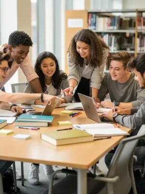Students diligently researching and collaborating for 2026 academic scholarships