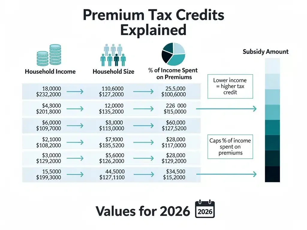 Infographic explaining premium tax credit calculations and increased ACA subsidy benefits.