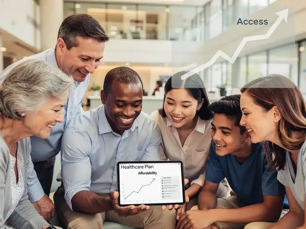 Diverse individuals understanding ACA benefits, symbolizing improved healthcare access and affordability.