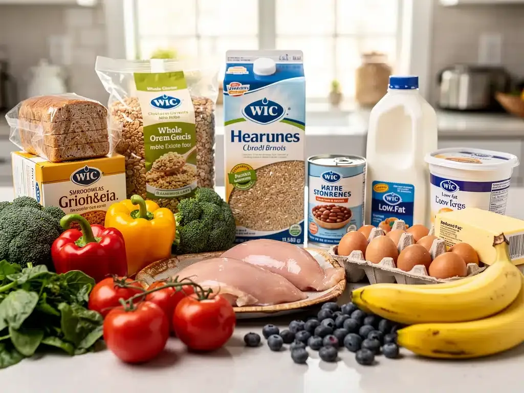 Enhanced WIC food package items, including fresh fruits, vegetables, and whole grains.