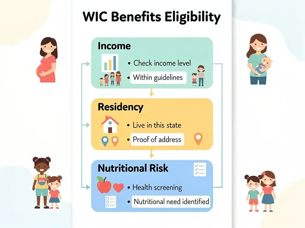 WIC eligibility criteria flowchart detailing income, residency, and nutritional risk.