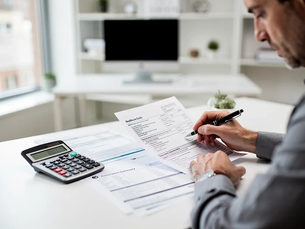 Person analyzing FSA documents and calculator for healthcare planning