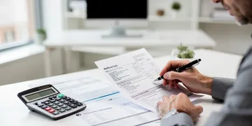 Person analyzing FSA documents and calculator for healthcare planning