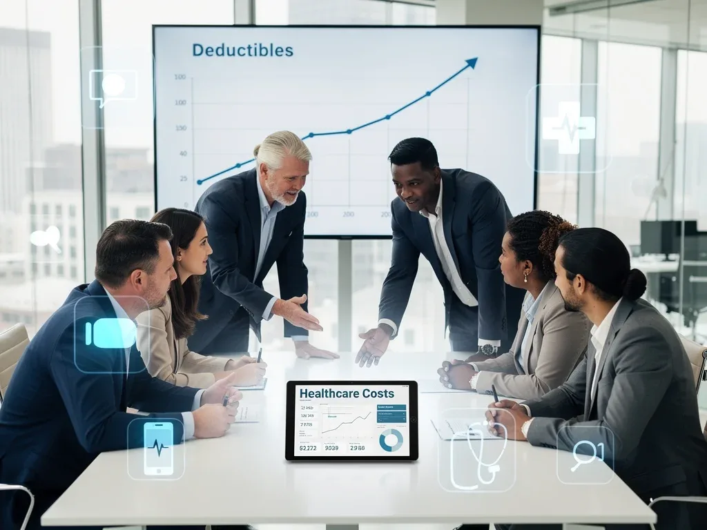 Professionals analyzing rising employer health plan deductibles and telehealth solutions