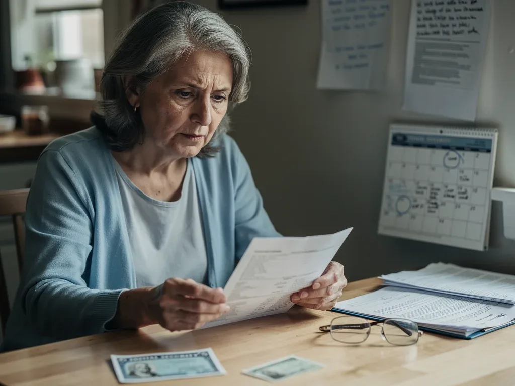 Older individual contemplating financial documents, representing surviving spouse Social Security benefit decisions.