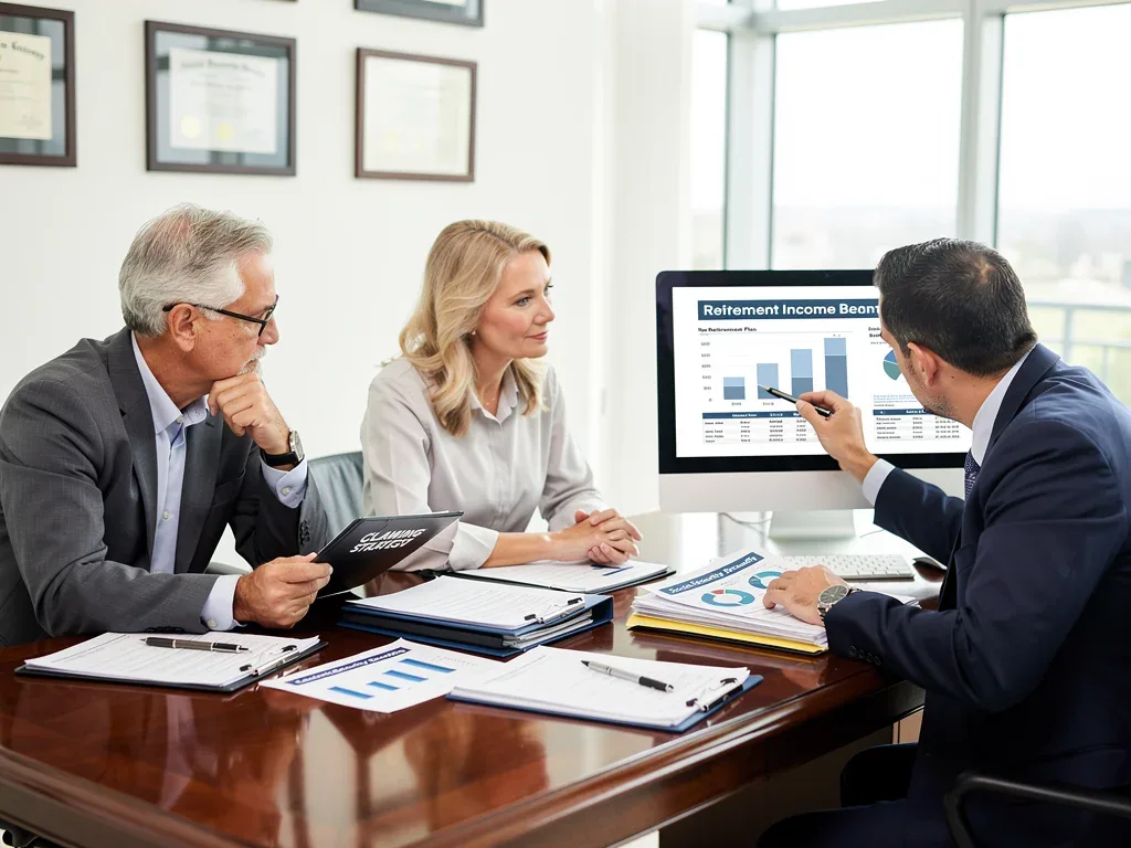 Financial advisor explaining Social Security claiming strategies to a surviving spouse.