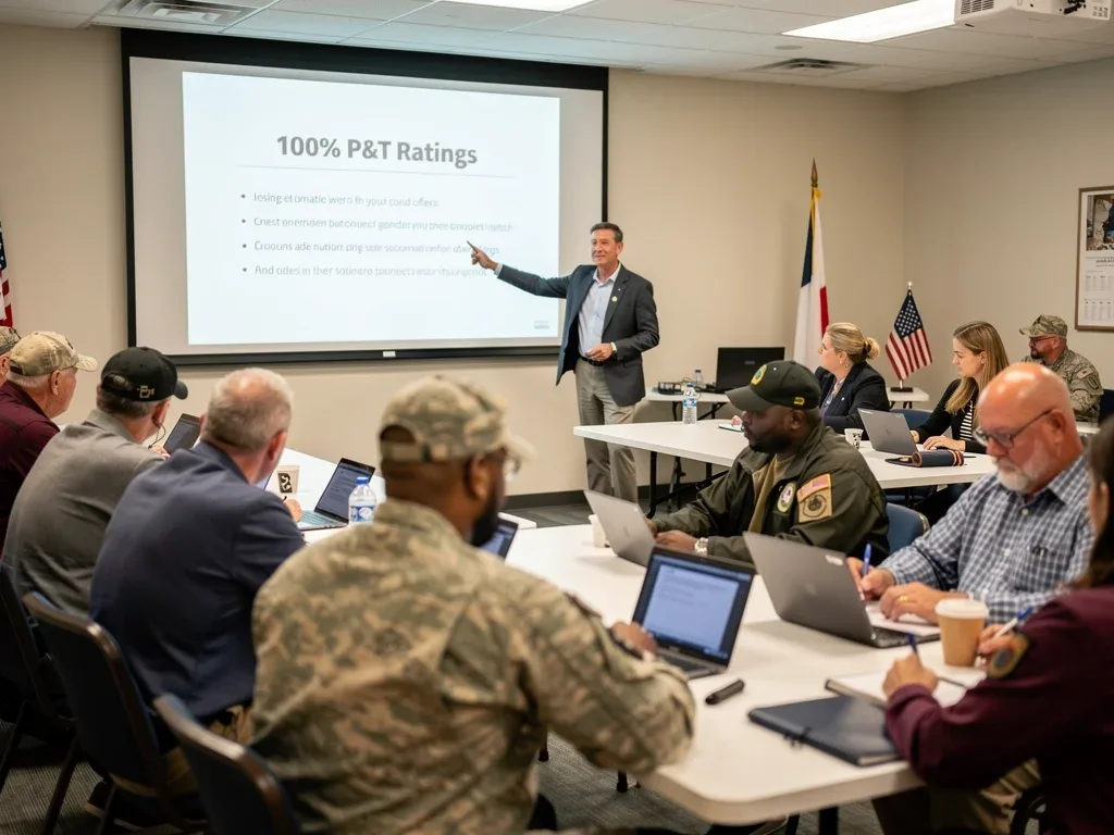 Veterans attending a workshop on VA 100% P&T disability ratings