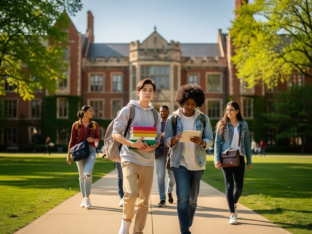 University students walking on campus, symbolizing higher education and academic pursuits.