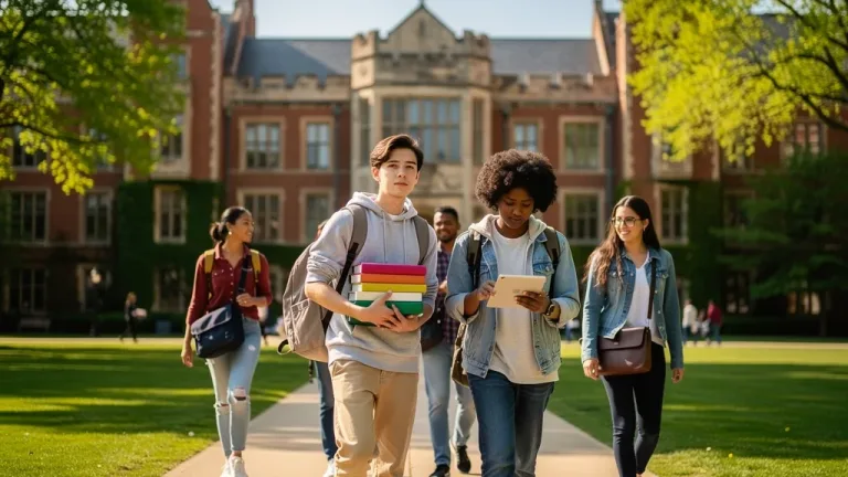 University students walking on campus, symbolizing higher education and academic pursuits.