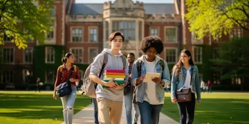 University students walking on campus, symbolizing higher education and academic pursuits.