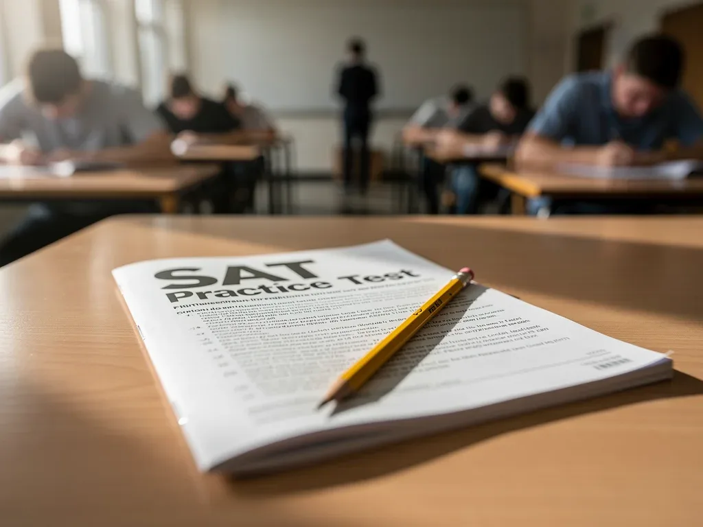 Standardized test booklet and pencil on a desk during an exam.