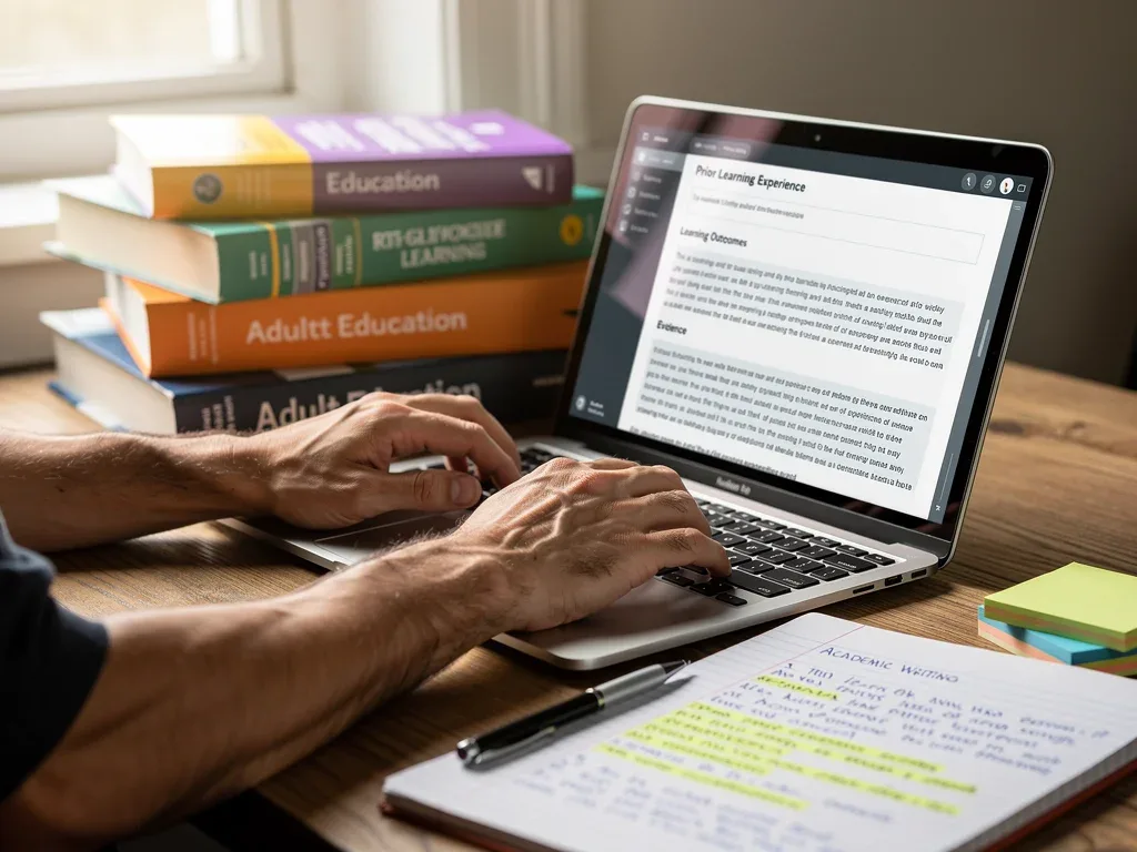 Hands typing on laptop, documenting prior learning for college credit