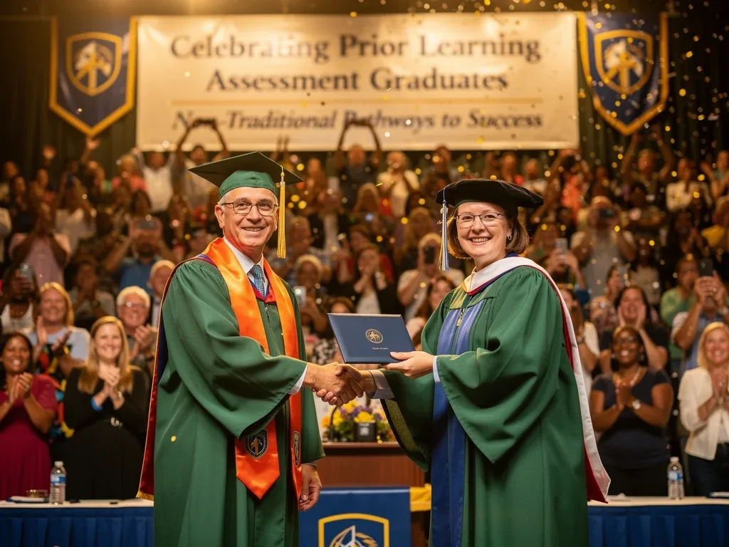Student graduates, diploma in hand, after earning credits through PLA