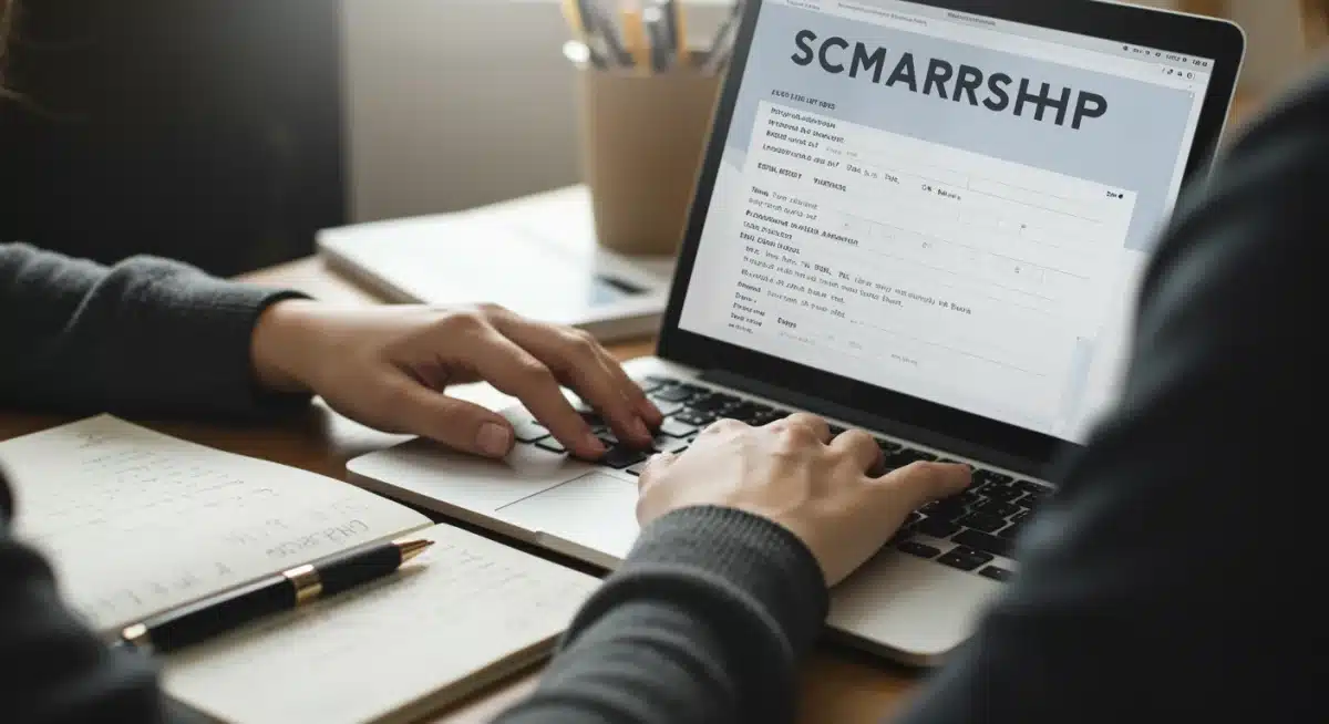 Student meticulously preparing a STEM scholarship application on a laptop, highlighting dedication.