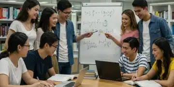 Students collaborating on a STEM project in a modern university library, symbolizing academic success and scholarship pursuit.