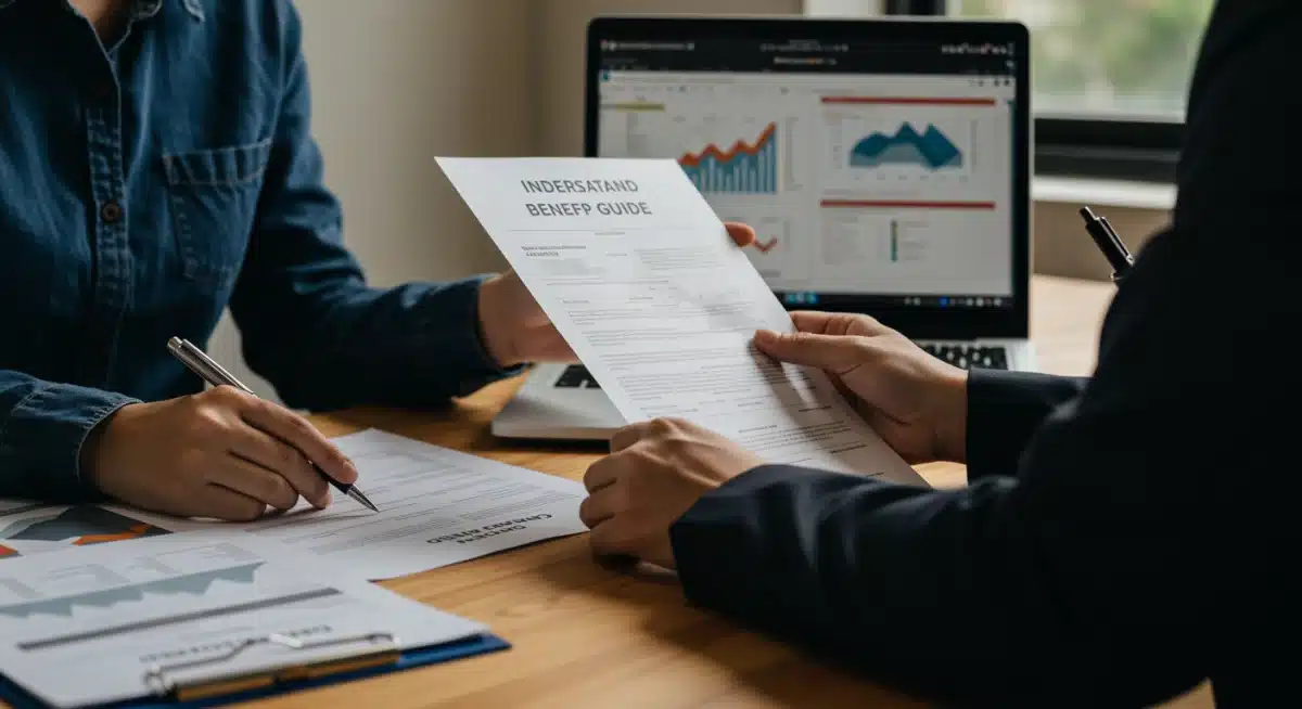 Individual studying documents and a laptop, focused on a 10-step guide for benefit applications.