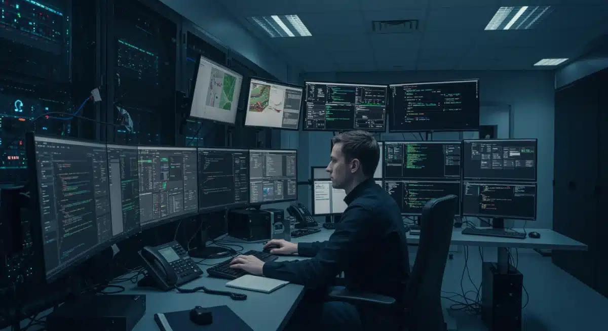 Cybersecurity expert monitoring network for threats in a high-tech data center