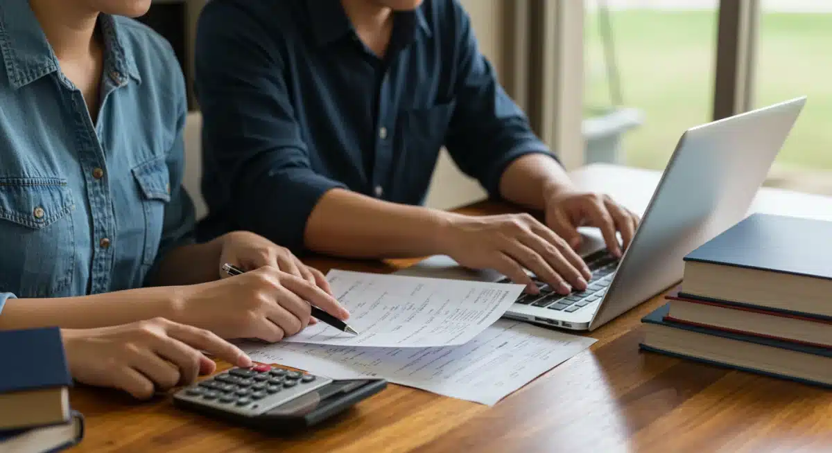 Parent and student analyzing college costs and dual enrollment savings on a laptop.