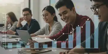 Students engaged in a dual enrollment class with a superimposed financial chart indicating tuition savings.