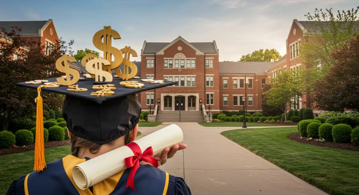 Graduation cap with dollar signs and diploma, representing financial success in higher education.