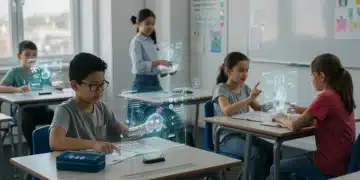 Students learning with AI in a futuristic K-12 classroom