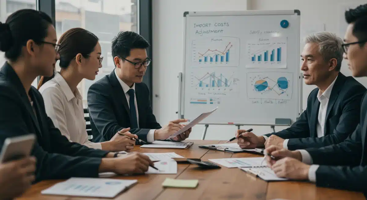 Business professionals discussing import costs and supply chain adjustments in a boardroom.