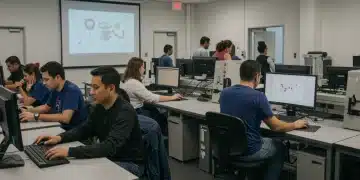 Adults participating in a federal workforce training program, learning new skills in a collaborative environment.