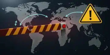 Global trade map with digital tariff barrier and 'April 1, 2026' date, symbolizing new import tariffs.