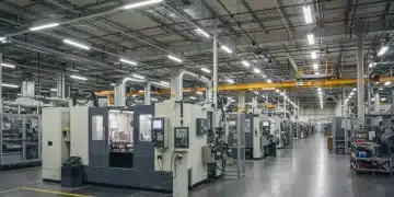 Modern factory floor with advanced machinery operating, symbolizing robust US manufacturing output growth.