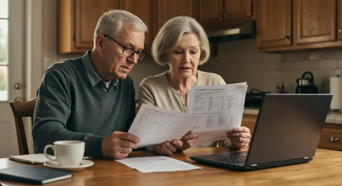Elderly couple reviewing Medicare documents, concerned about premium increases.