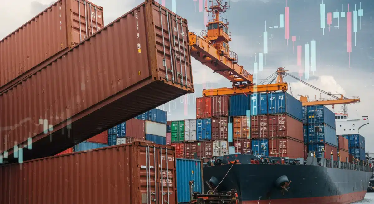 Shipping container loading onto cargo ship with financial graphs, representing global trade and economic shifts.