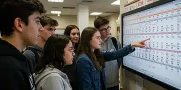 High school seniors reviewing 2026 US college application deadlines on a large screen.
