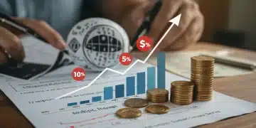 Financial graph showing rising interest rates with mortgage papers and savings account symbols.