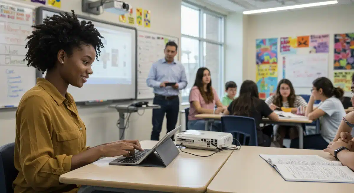 Students and teachers benefiting from increased public school funding and resources.