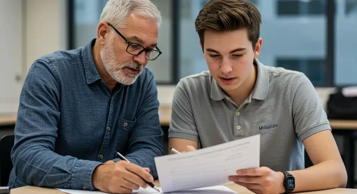Mentor and student reviewing academic documents, focused on progress.