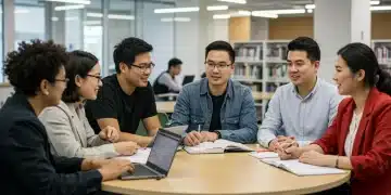 Students and mentors collaborating in a modern university library, symbolizing academic guidance.